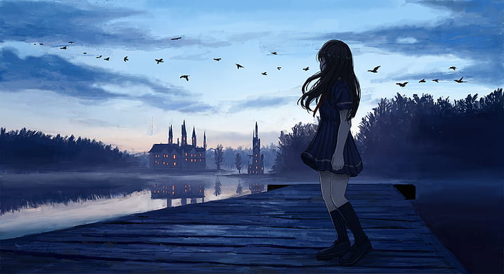 anime, anime girls, dark, castle, sky