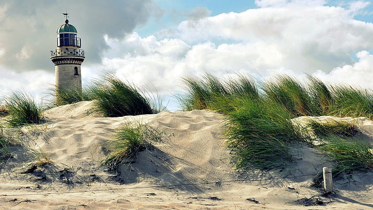 Beach Lighthouse, lighthouses, beaches, nature, sand, nature and landscapes, HD wallpaper
