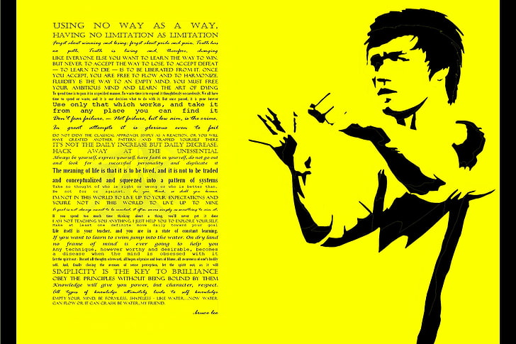 Bruce Lee illustration, motivational, sports, writing, yellow, HD wallpaper