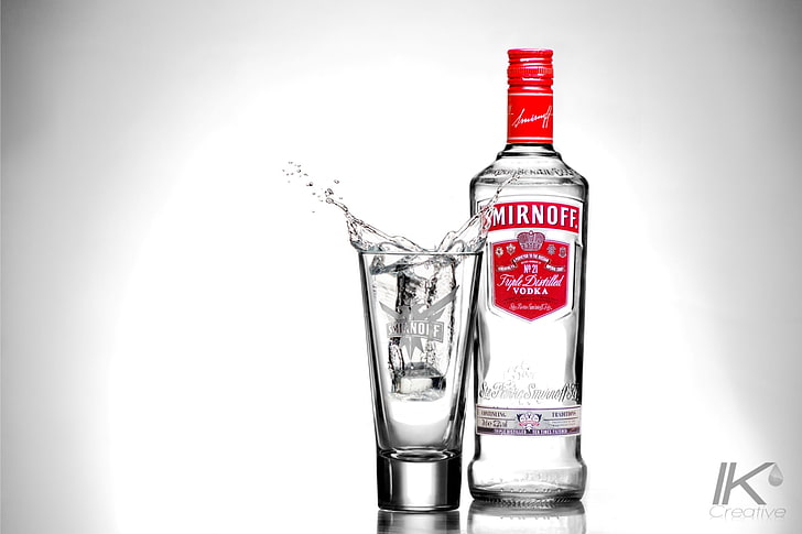Smirnoff bottle and shot glass, vodka, drink, alcohol, liquid