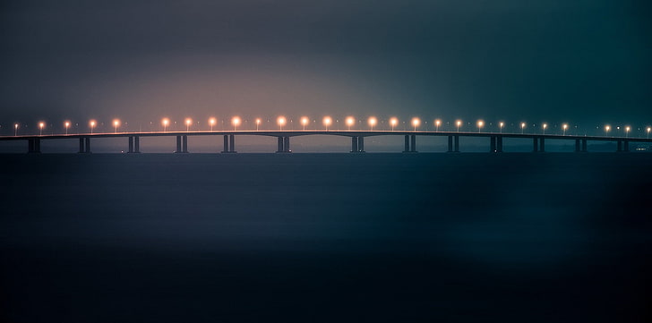 bridge, water, sky, illuminated, night, sea, reflection, tranquility