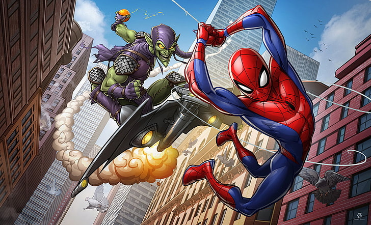 Spider-Man, Green Goblin, city, New York City, Patrick Brown