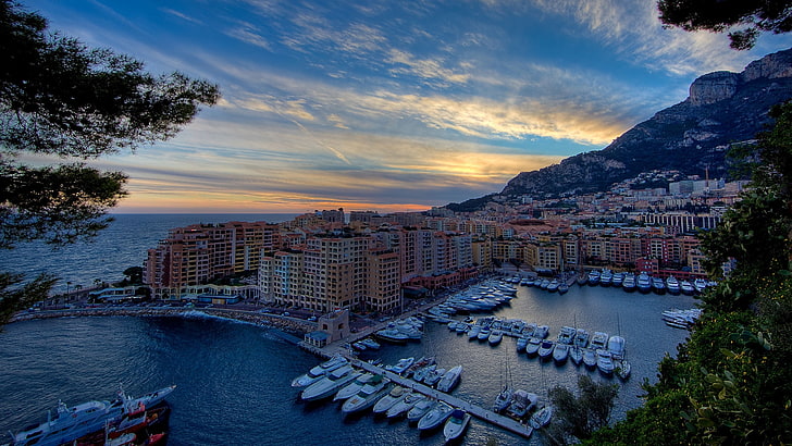 white boat lot, Monaco, sunset, coast, harbor, dock, city, cityscape