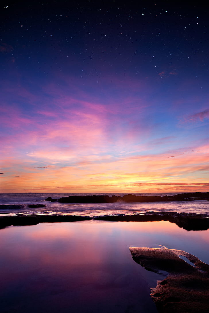 sunset near sea with starry skies, Canon  450D, Sigma, 20mm, Mallorca, HD wallpaper