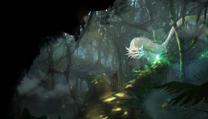 fantasy art, dragon, forest, dappled sunlight