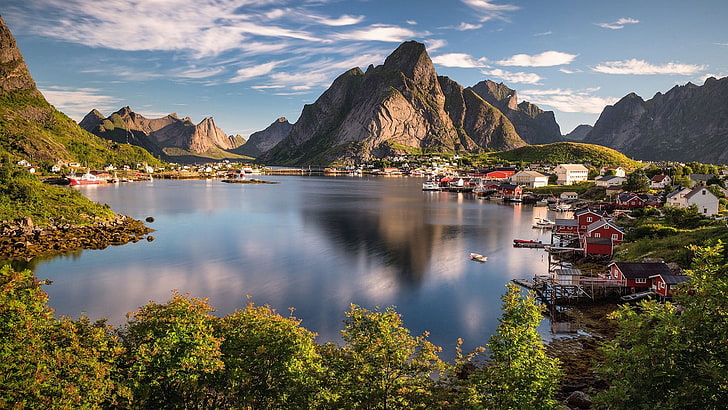 fishing village, tourist attraction, landscape, water, fjord, HD wallpaper