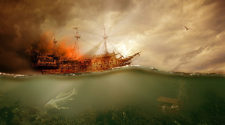 Pirate Ship Sailing, sailing ship on water digital wallpaper, HD wallpaper