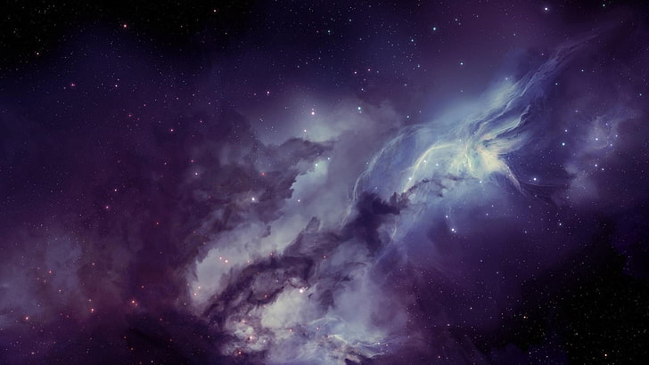 purple and white nebula, space, space art, digital art, night