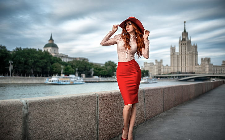 Beautiful red hair girl, portrait, hat, shirt, skirt, Moscow, women's red pencil skirt