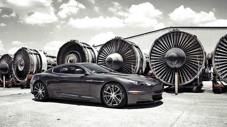 car, Aston Martin, vehicle, turbines, Aston Martin DBS, hangar, HD wallpaper