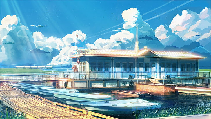 painting of house and wooden dock, Everlasting Summer, boat, clouds