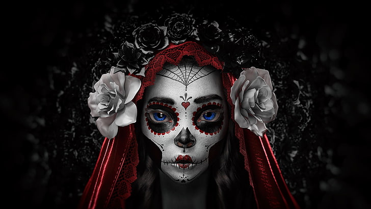 artwork, women, Dia de los Muertos, skull, portrait, red, celebration