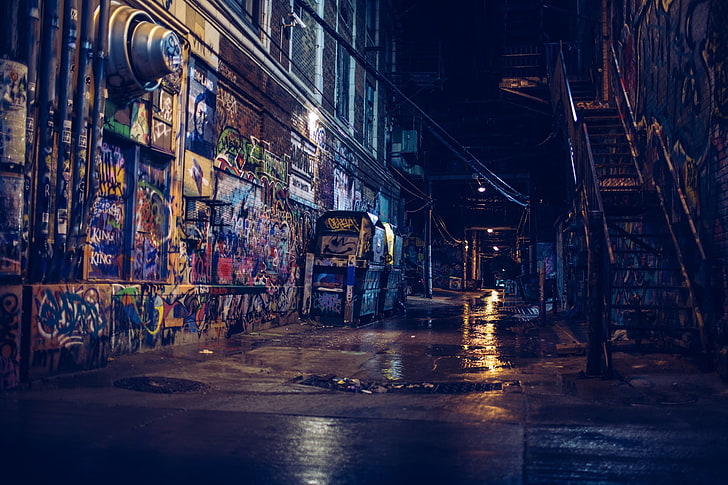 gray steel ladder, photography, street, alleyway, city, night