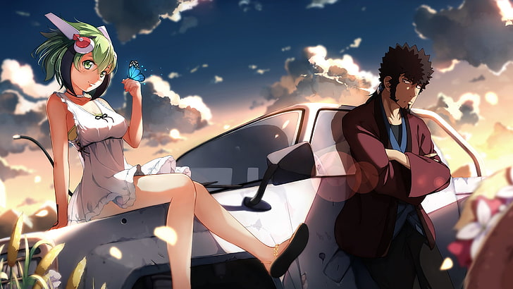 Dimension W, car, Mabuchi Kou, clouds, sky, anime, Yurizaki Mira, HD wallpaper