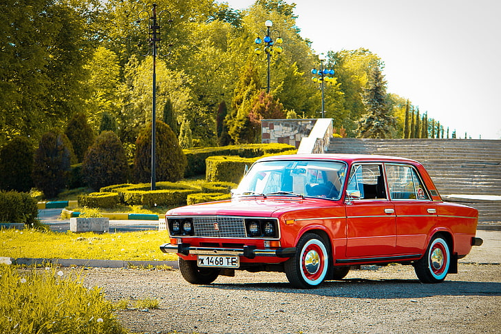 red sedan, retro, background, Wallpaper, classic, legend, Lada HD wallpaper