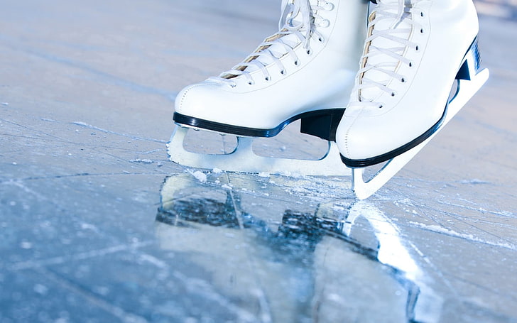 pair of white-and-black figure skates, ice, skating, ice skating