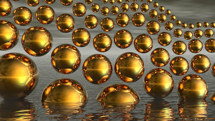 gold, balls, 3d, digital art, water, spheres, reflected, reflection
