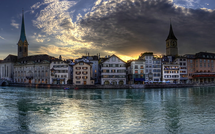 Zurich Switzerland at dusk-Windows 10 HD Wallpaper, concrete buildings HD wallpaper