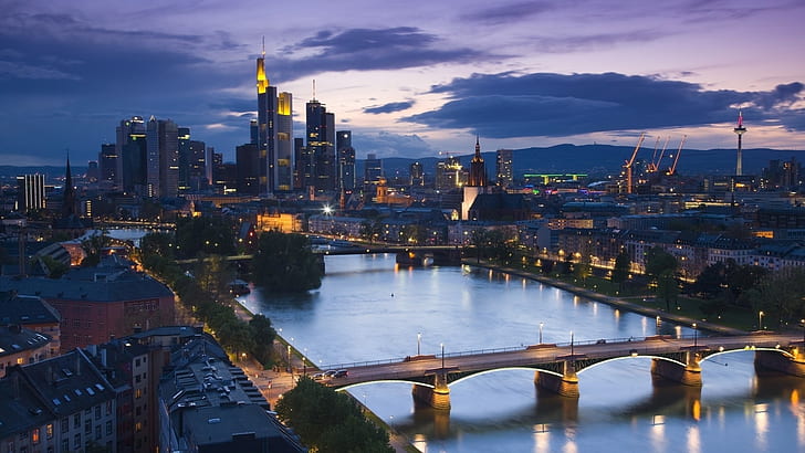 Frankfurt, Germany, evening, skyscrapers, river, bridges, streets, lights, HD wallpaper