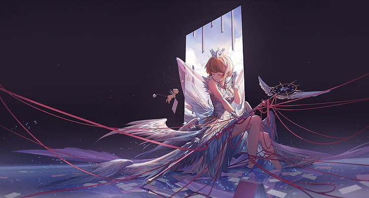 woman in white dress with wings anime character, scepters, crown
