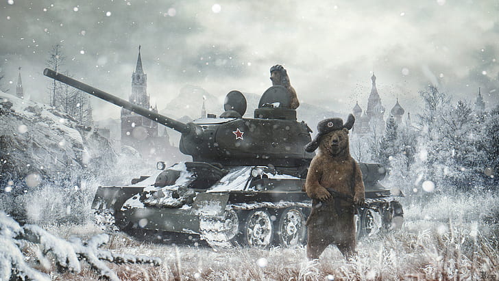 Winter, Snow, Bear, Bears, The Kremlin, St. Basil's Cathedral