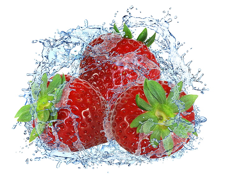 red strawberries, water, squirt, strawberry, fresh, splash, drops, HD wallpaper