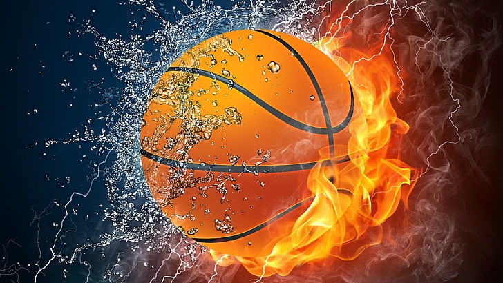 ball, basketball, fire, flame, water, drops, graphics, sphere, HD wallpaper