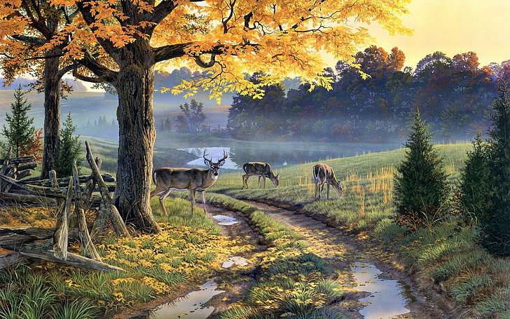 three brown deers standing on ground painting, nature, path, animals
