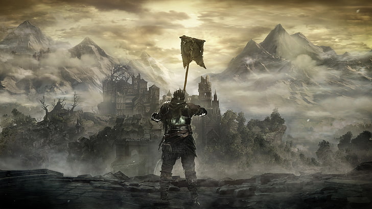 man holding banner wallpaper, Dark Souls III, Gothic, midevil, HD wallpaper