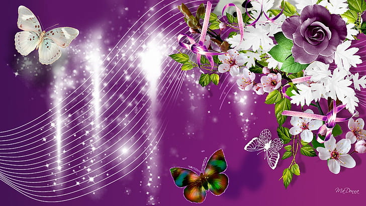 Purple Roses Falling Rain, glitter, magenta, twinkle, papillon, HD wallpaper