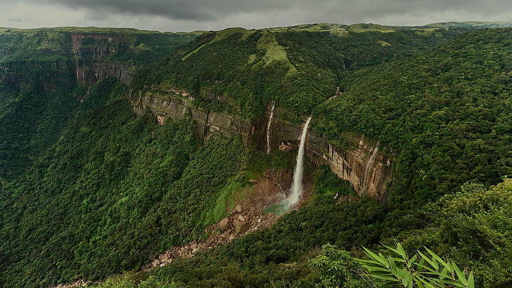 waterfall, falls, nohkalikai falls, cloudy, india, asia, cherrapunjee, HD wallpaper