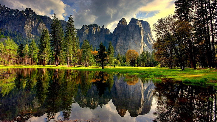 Yosemite National Park, USA, lake, water reflection, trees, grass, mountains, HD wallpaper