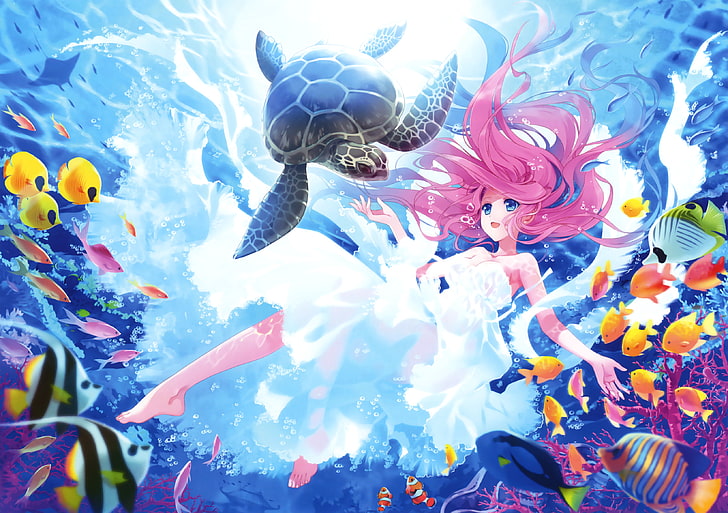 Fishes, Underwater, Turtle, Kawaii, Mermaid, HD wallpaper