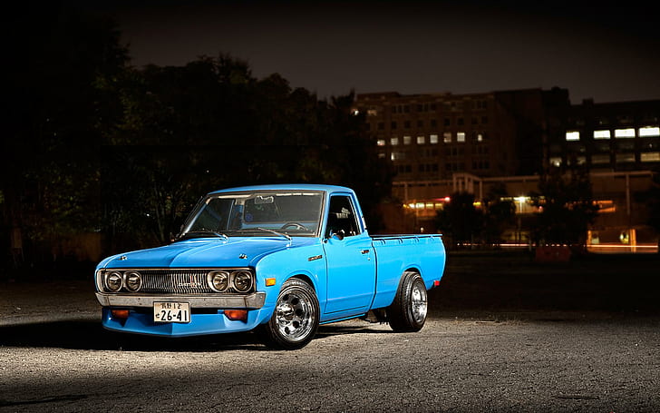 Datsun 620, teal single cab pickup truck, cars, other cars