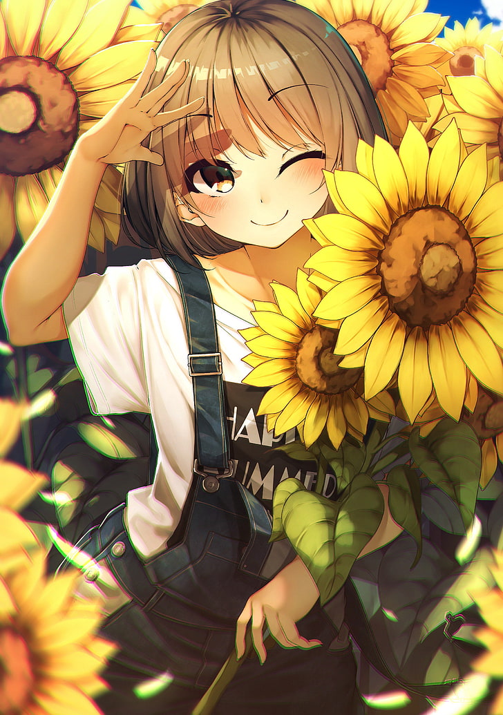 sunflowers, brunette, brown eyes, overalls, yellow, flowering plant, HD wallpaper