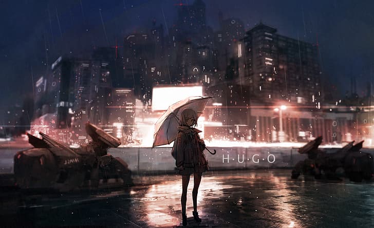 rain, Axle, anime girls, umbrella, Robots, night, HD wallpaper