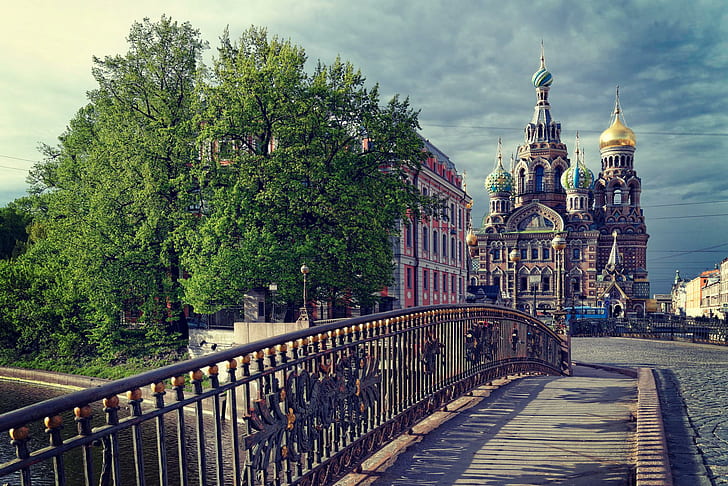 st petersburg, russia, temple, the savior on the spilled blood, dome, bridge, clouds, HD wallpaper