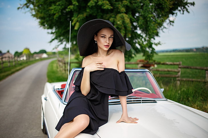 women, Angelina Petrova, black dress, hat, model, road, women outdoors