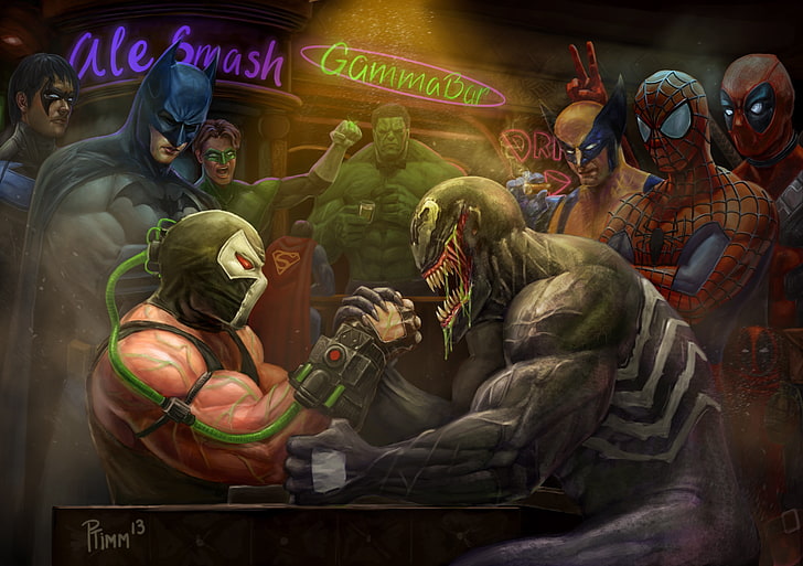 Venom and Bane arm wrestling digital wallpaper, Marvel Comics