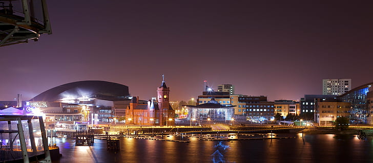 lighted buildings near body of water during night time, cardiff, cardiff, HD wallpaper