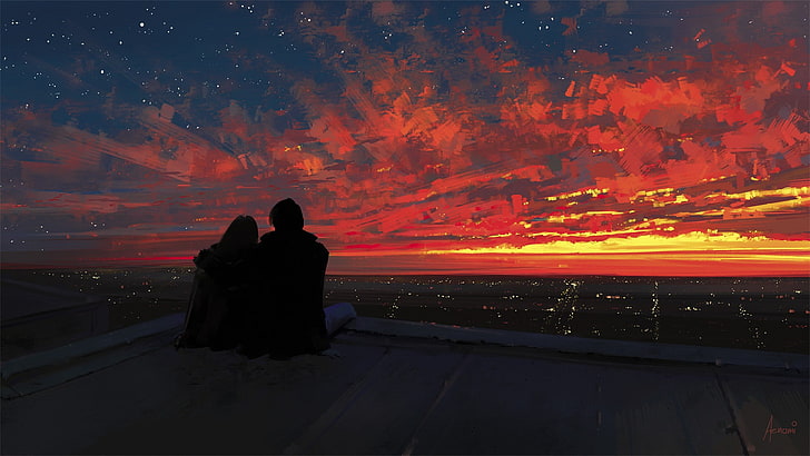 artwork, Aenami, sunset, lovers, sky, real people, two people, HD wallpaper