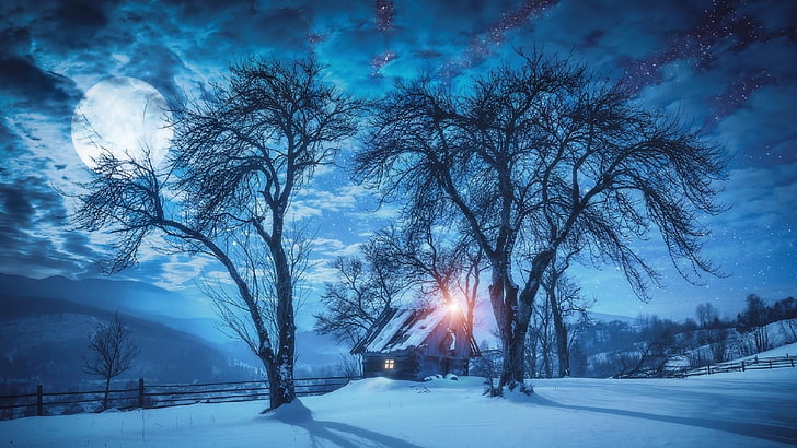 frost, landscape, house, cloud, bungalow, snowy, moon, night sky, HD wallpaper