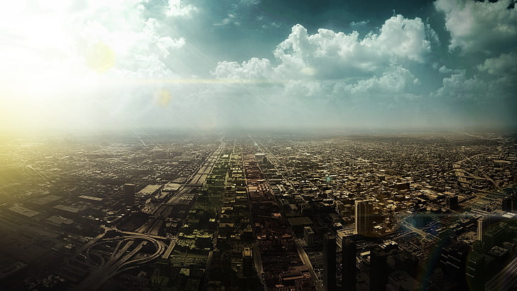 cityscape high-angle wallpaper, aerial photography of buildings under white clouds at daytime