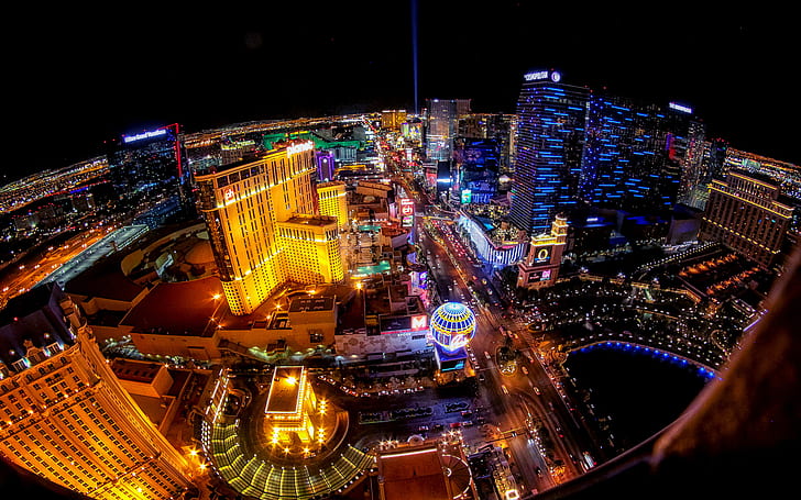 Las Vegas Buildings Night Lights Fisheye HD, cityscape, HD wallpaper