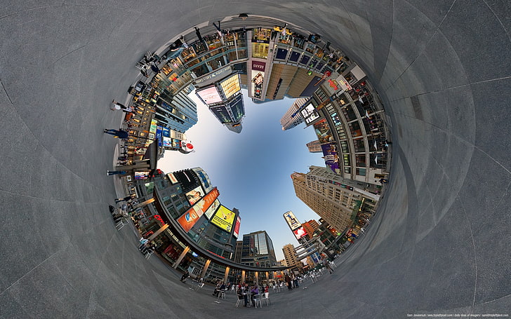 worm's eye view of buildings, cityscape, street, panoramic sphere