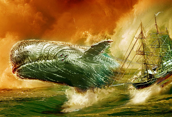 sperm whale jumping beside sail ship, nature, animals, digital art