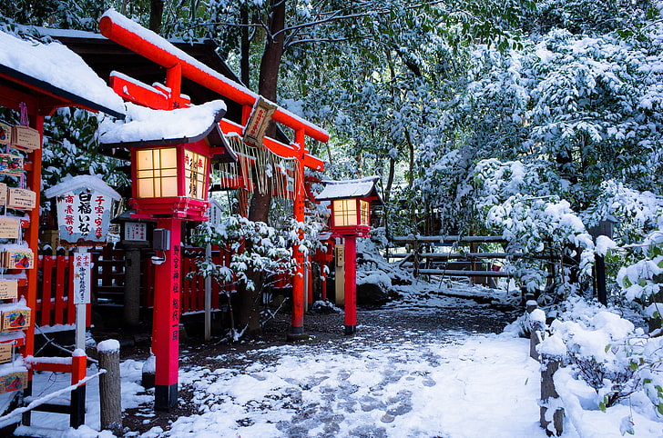red tori gate, winter, snow, Japan, lights, temple, the gates
