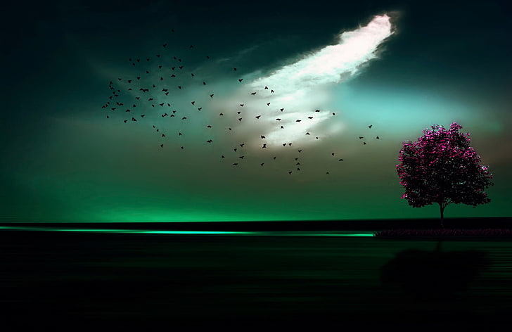 purple leafed tree under green sky digital wallpaper, artwork