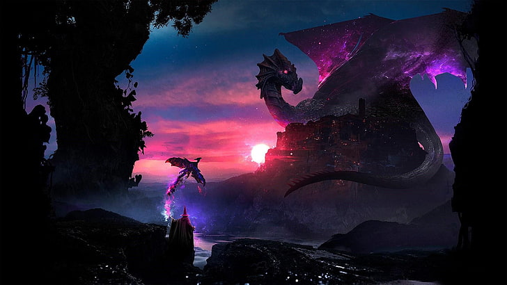 dragon, fantasy art, darkness, sunset, purple, sky, night, landscape, HD wallpaper