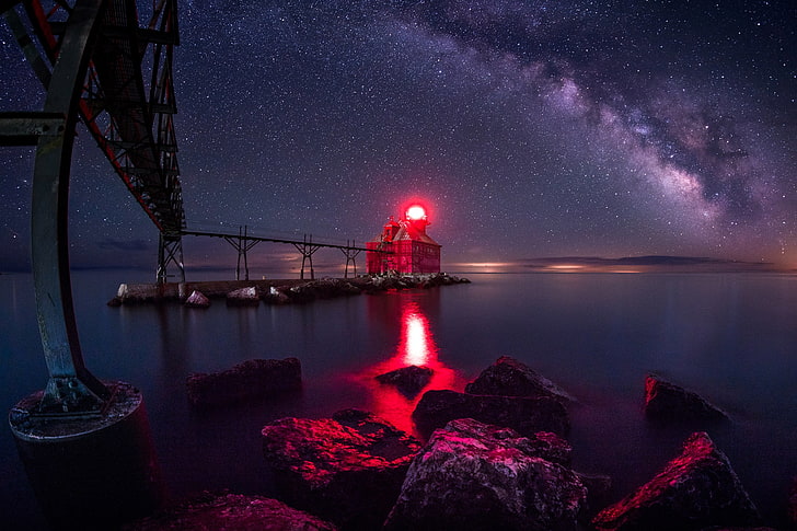 metal bridge, lighthouse, and body of water, Wisconsin, Sturgeon Bay, HD wallpaper